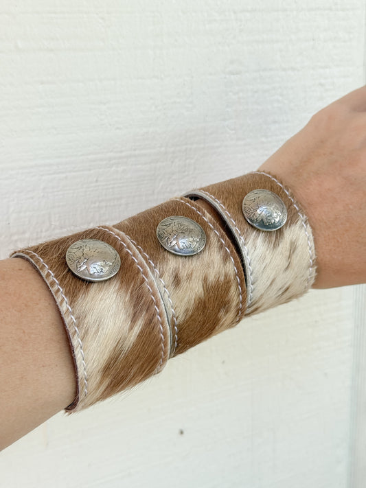 Real Buffalo Nickel Indian Head Coin Vintage Concho on Hair on Cowhide and Leather Cuff Adjustable Bracelet 7-8”