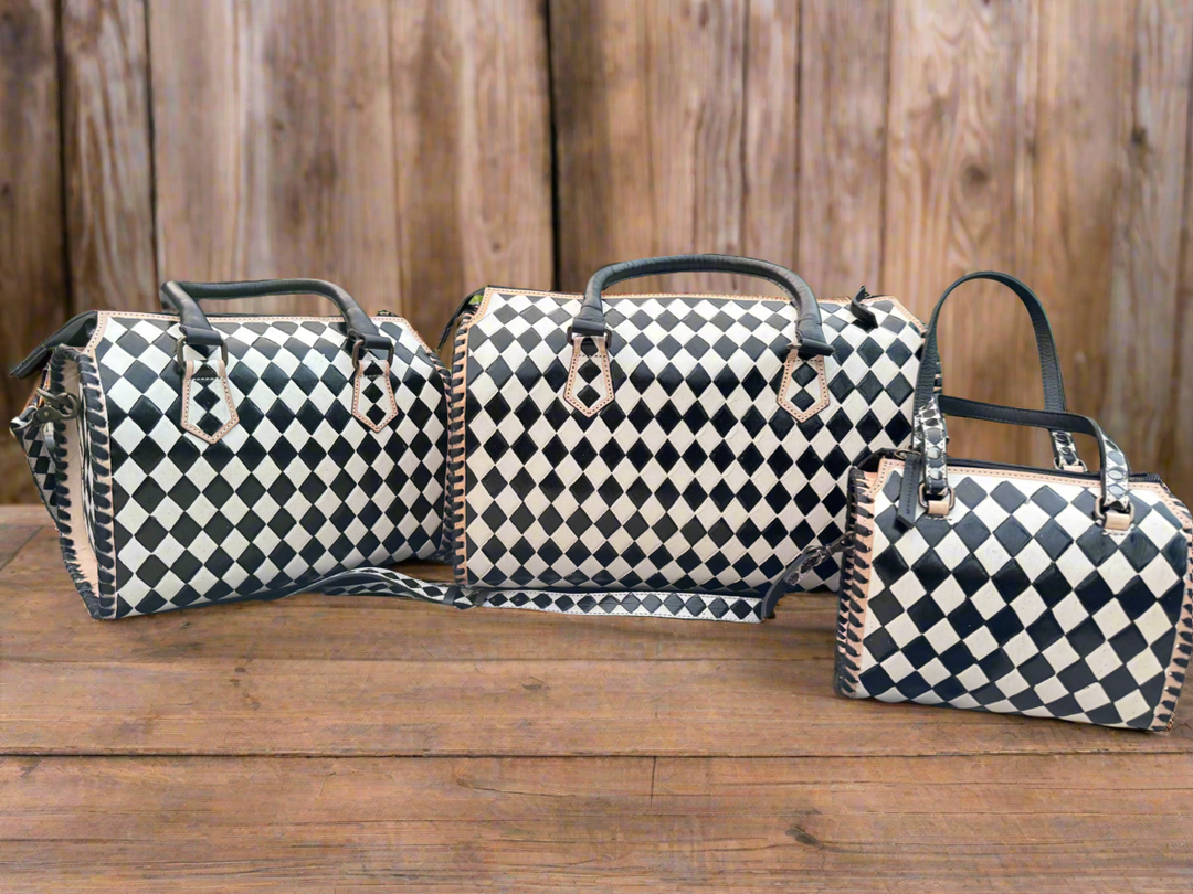 Tooled leather black and white checkered handmade western chic purse in three sizes