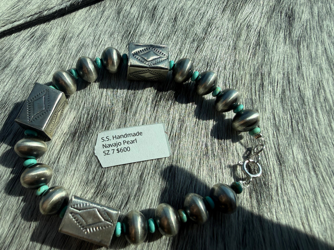 Authentic Handmade Navajo Pearl Bracelet – Sterling Silver and Mine 8 Turquoise - Kaylin Nakai - 7”