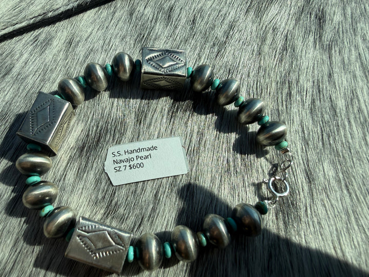 Authentic Handmade Navajo Pearl Bracelet – Sterling Silver and Mine 8 Turquoise - Kaylin Nakai - 7”