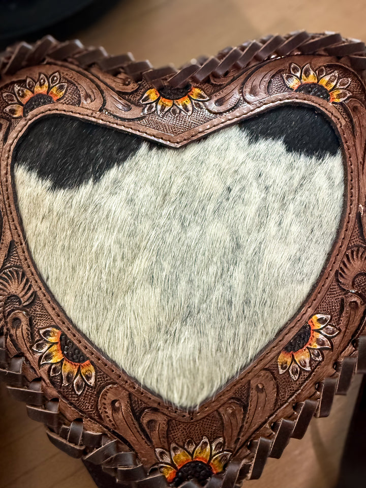 Sunflower Sweetheart Crossbody | Tooled Leather & Cowhide Heart Purse