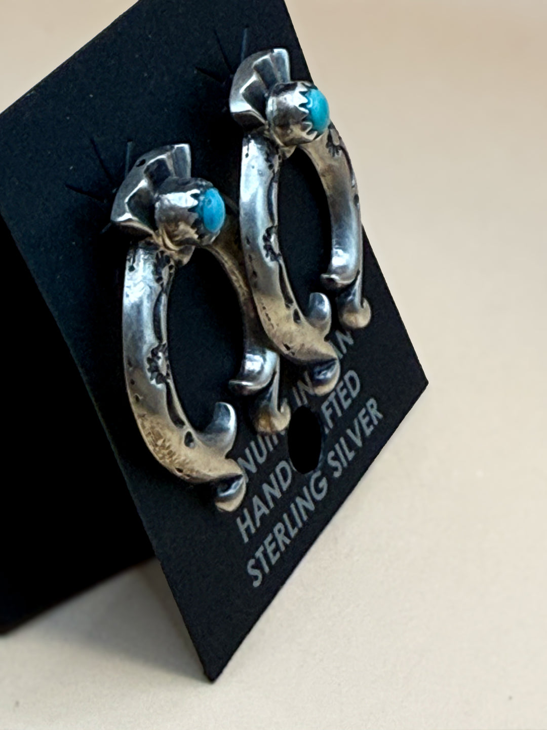 Navajo Handmade Sterling Silver Kingman Turquoise Naja Earrings