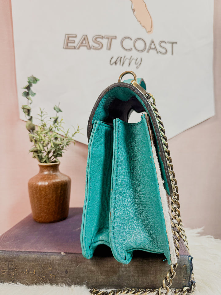 Coastal Hide | Tooled Turquoise Leather + Cowhide Chain Satchel