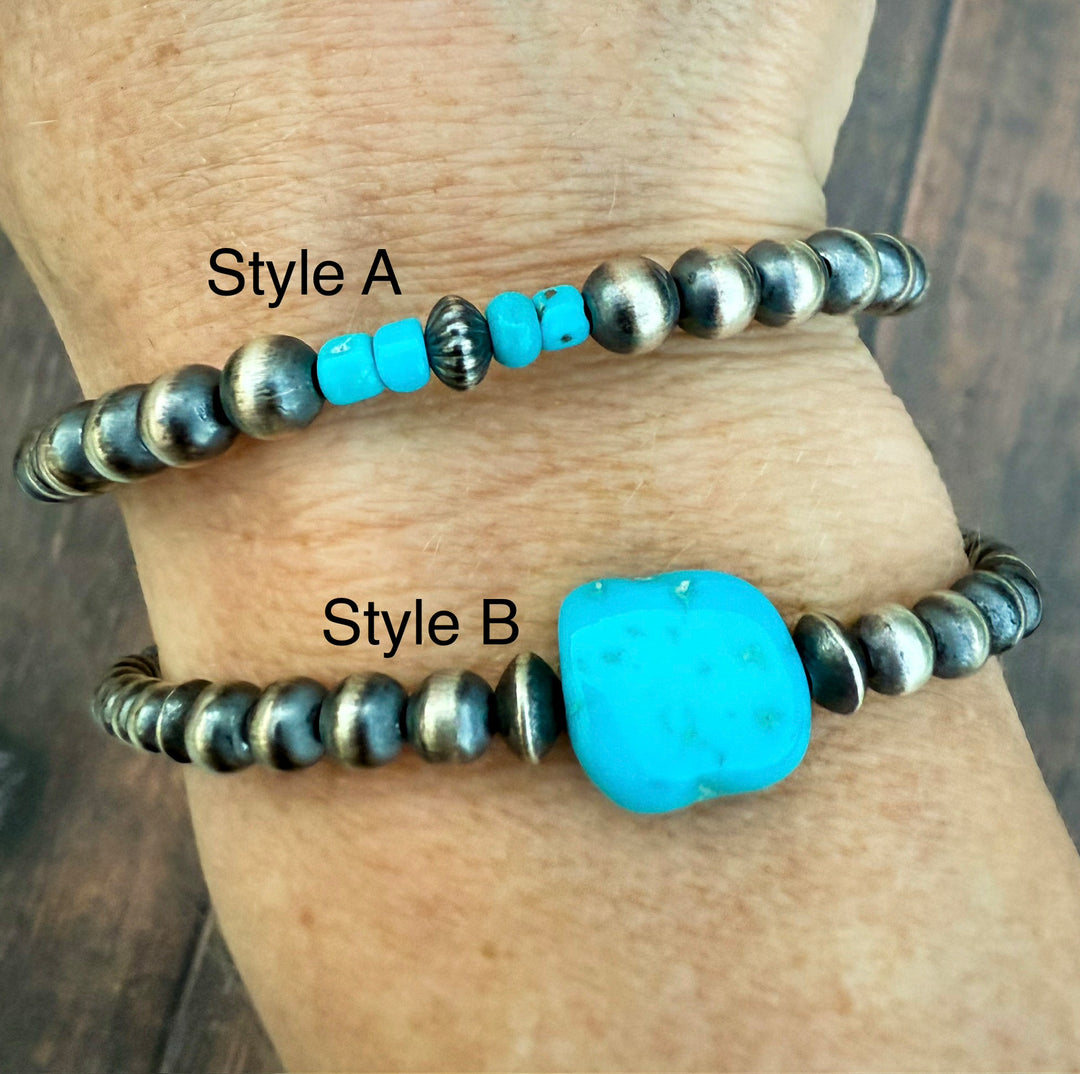 Sterling Silver Bead Bracelet with Sleeping Beauty Turquoise | Adjustable | Choose Your Style