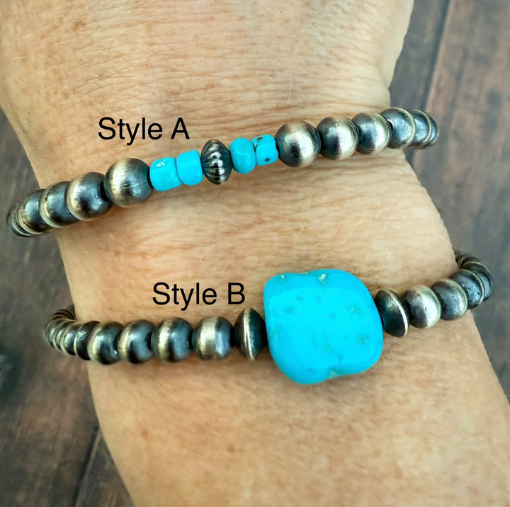 Sterling Silver Bead Bracelet with Sleeping Beauty Turquoise | Adjustable | Choose Your Style