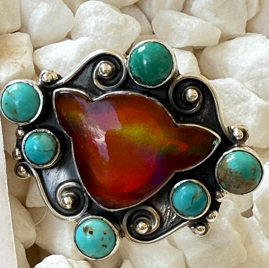 The Maverick – Southwestern Artistian Made Orange Mojave Cow & Turquoise Scroll 925 Ring (Adjustable)