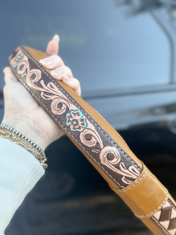 Western Tooled Leather Truck Steering Wheel Cover – 16″ Full-Grain (Tan or Black, Diamond Check)