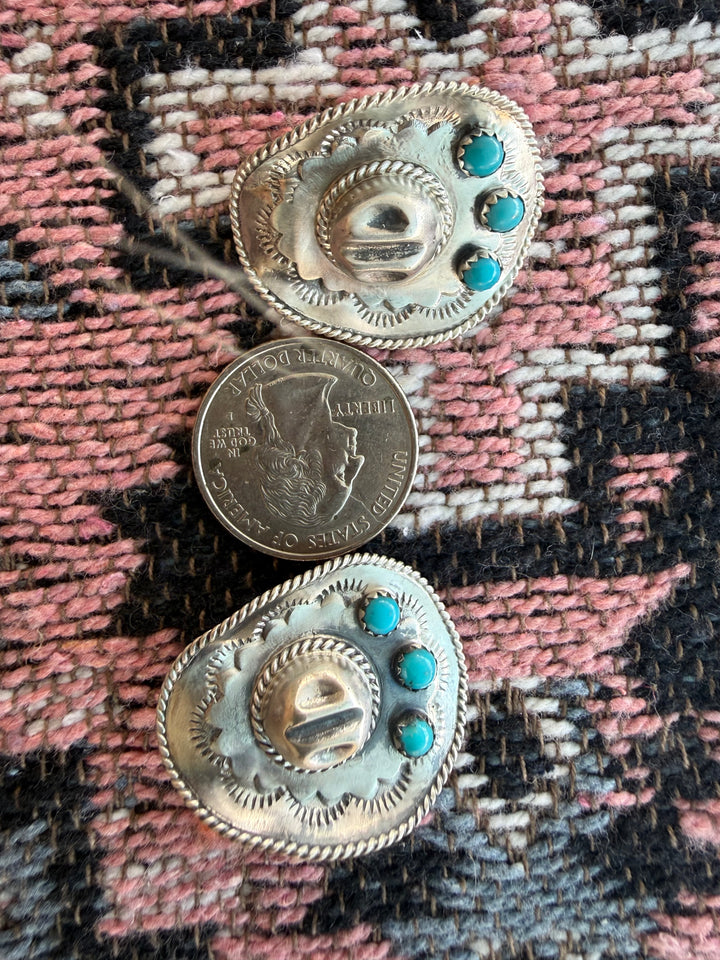 Navajo Handmade Cowboy hat Kingman Turquoise and Sterling Silver Earrings by Bobby Platero