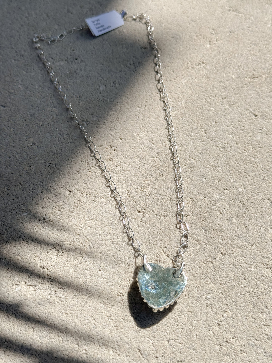 Navajo Handmade Kingman Heart Turquoise Sterling Silver Necklace Signed