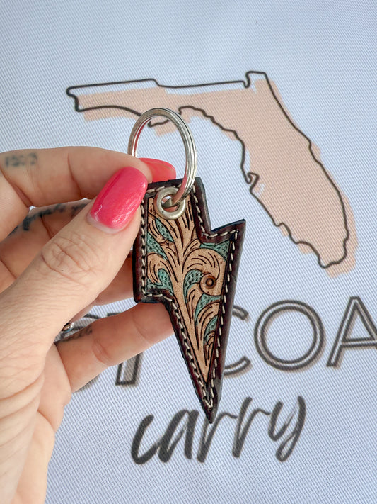Lightening bolt tooled leather keychain key ring