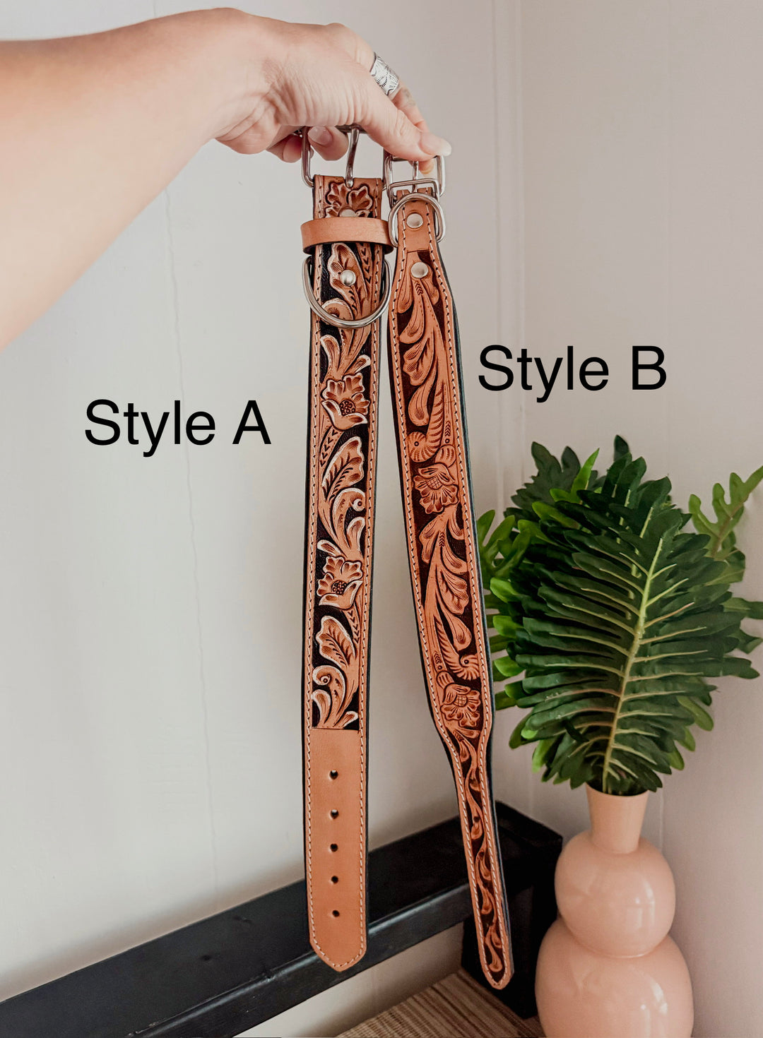 Magnolia Beau | (M/L) Natural Floral Leather Hand Tooled Dog Collar