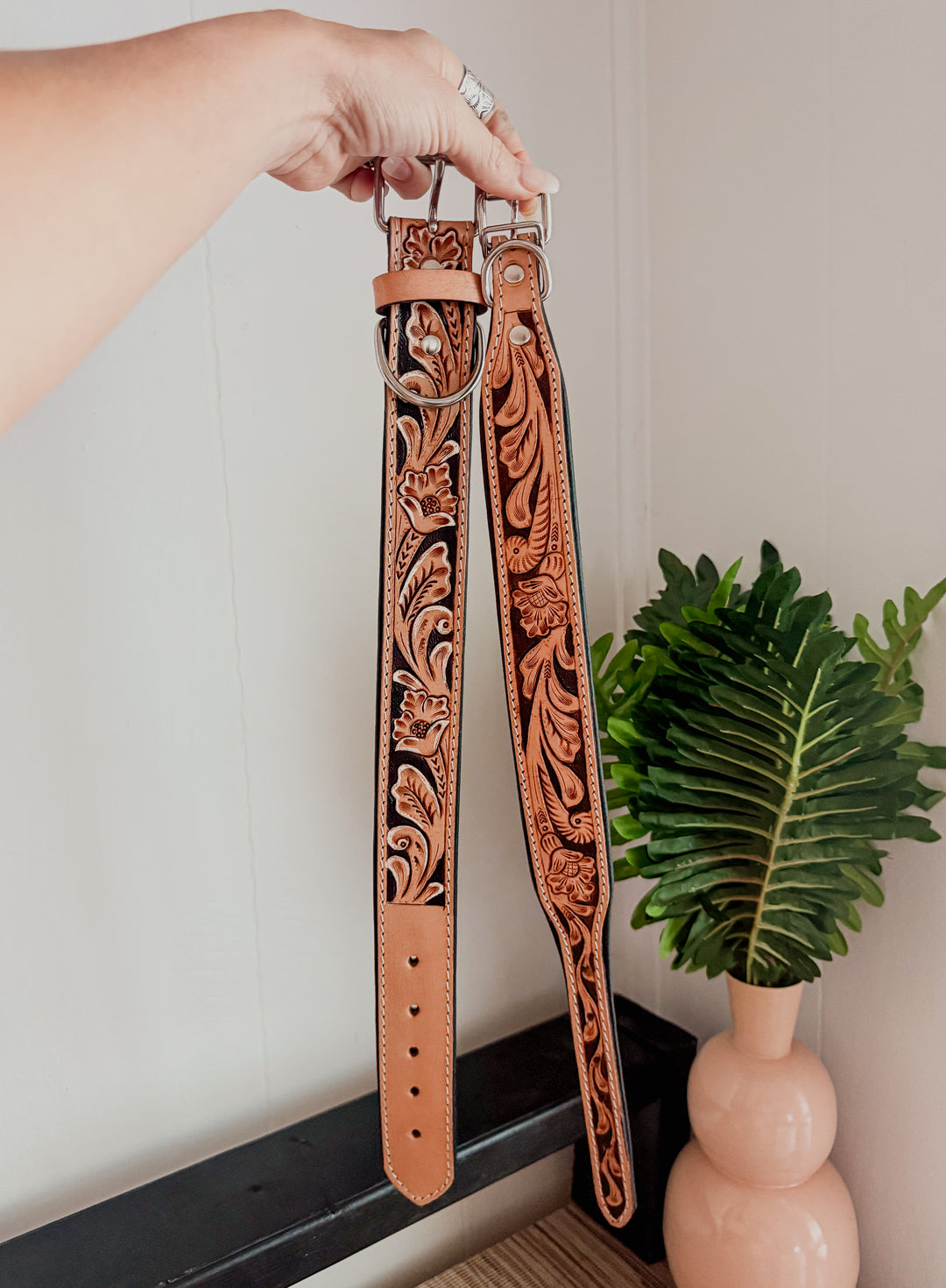 Magnolia Beau | (M/L) Natural Floral Leather Hand Tooled Dog Collar