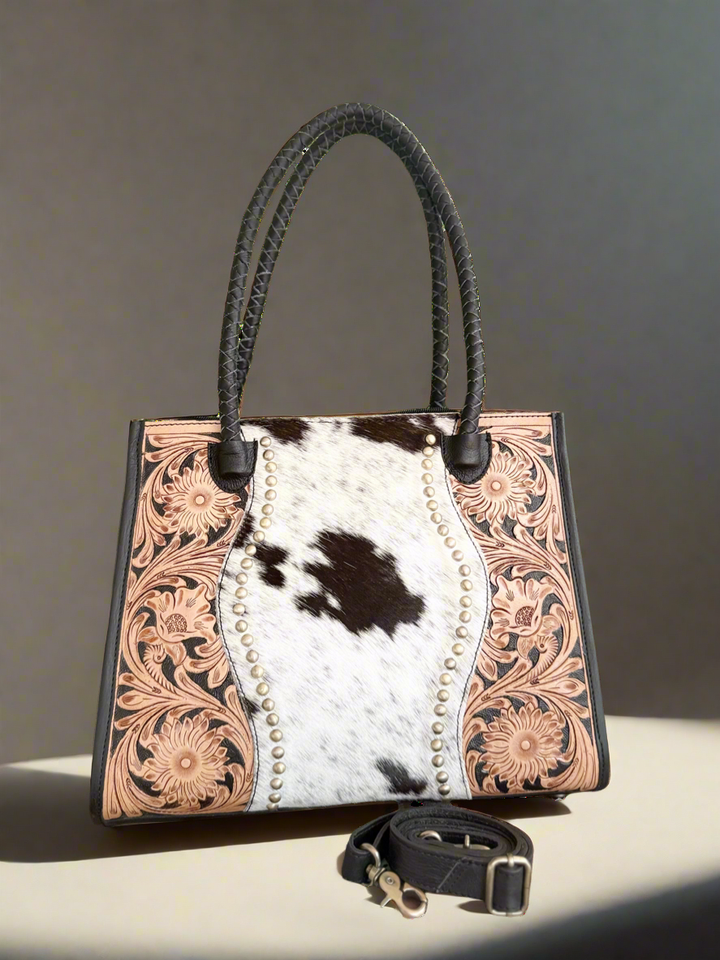 Family Tradition | in Black Leather - Tooled Leather & Cowhide Concealed Carry Tote