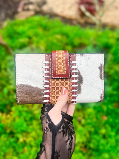 Genuine leather and cowhide hand tooled wallet