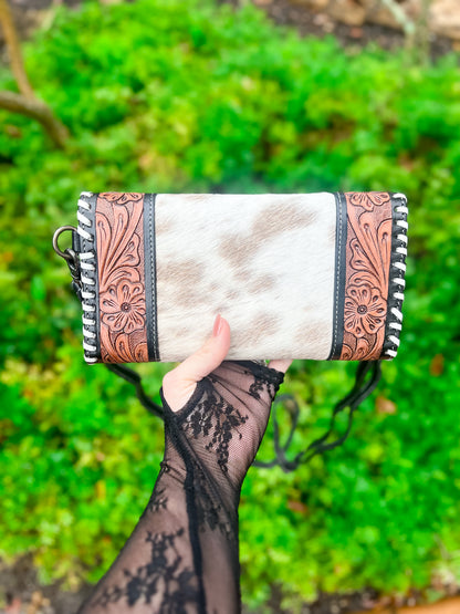 Hand Tooled brown leather and cowhide clutch with strap