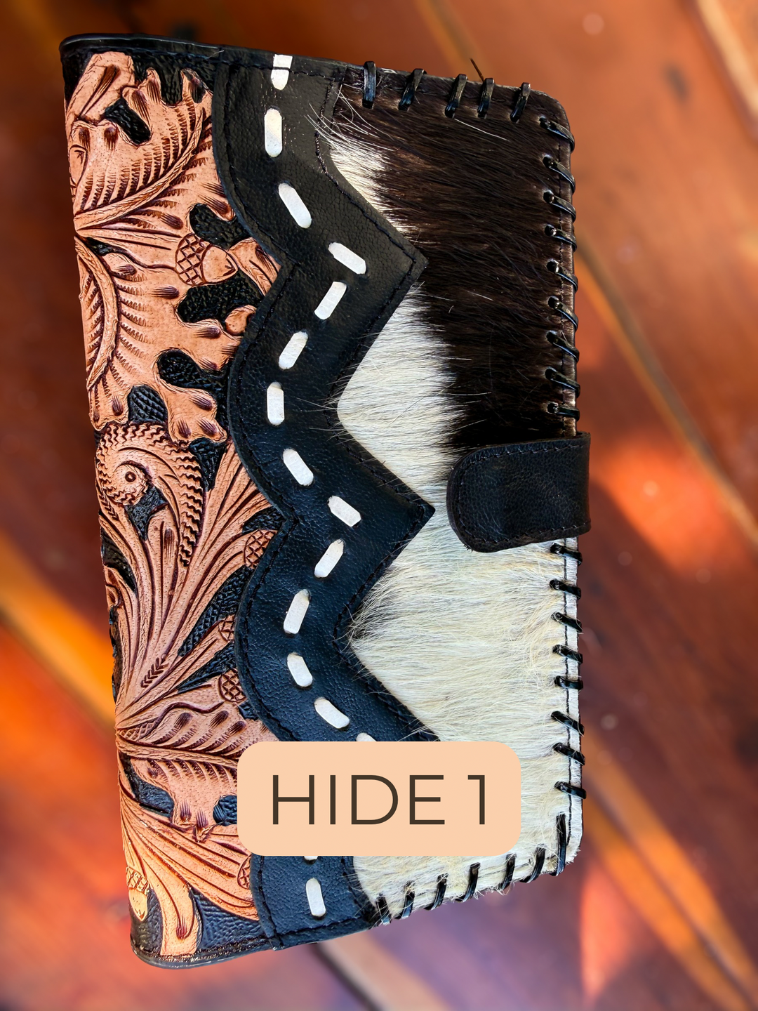 Business in Boots Oversized Black and White Cowhide Wallet | Western Tooled Leather Checkbook Wallet