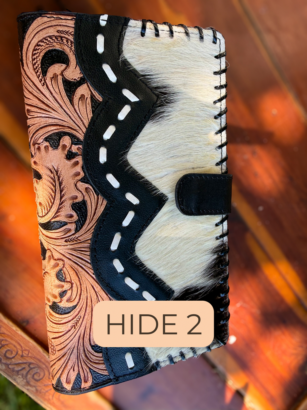 Business in Boots Oversized Black and White Cowhide Wallet | Western Tooled Leather Checkbook Wallet