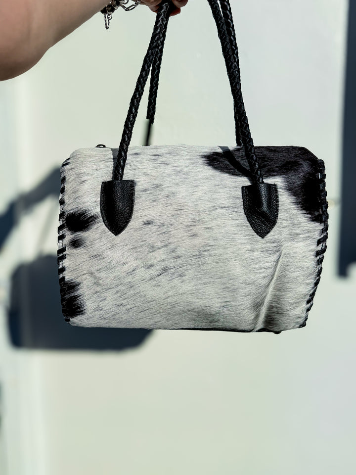 Soft & Strong™ Cowhide Satchel | Black & White Genuine Hair-On Hide Black Leather Handbag