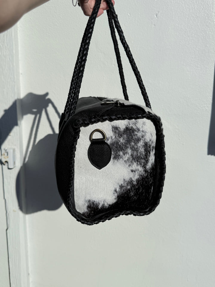 Soft & Strong™ Cowhide Satchel | Black & White Genuine Hair-On Hide Black Leather Handbag