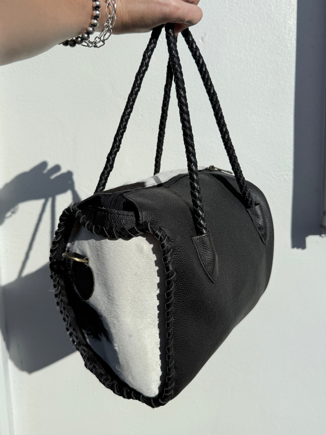 Soft & Strong™ Cowhide Satchel | Black & White Genuine Hair-On Hide Black Leather Handbag