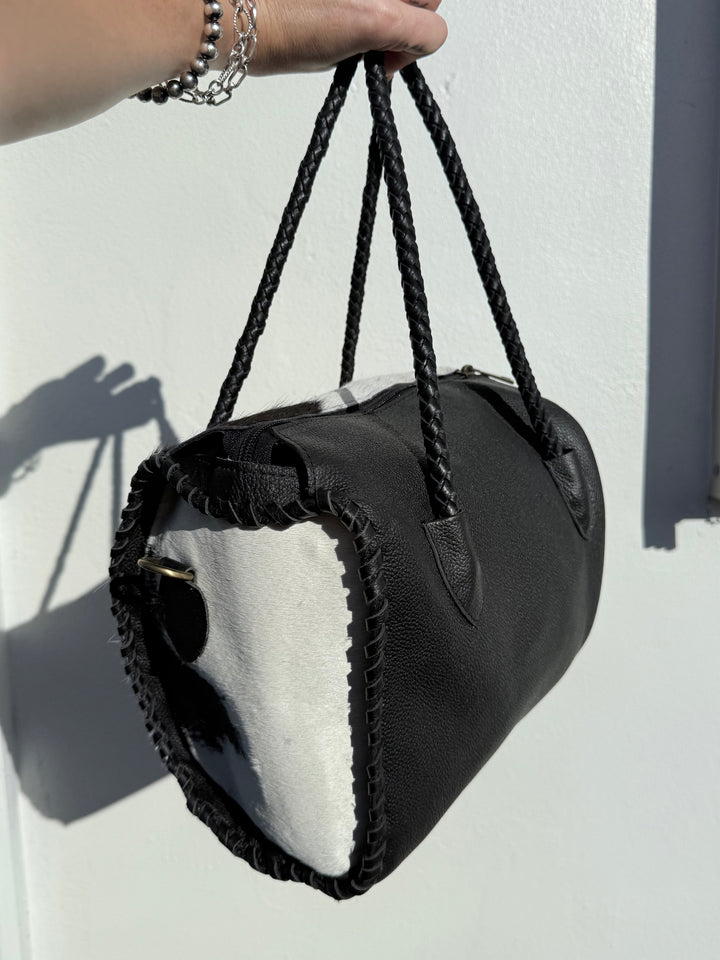 Soft & Strong™ Cowhide Satchel | Black & White Genuine Hair-On Hide Black Leather Handbag