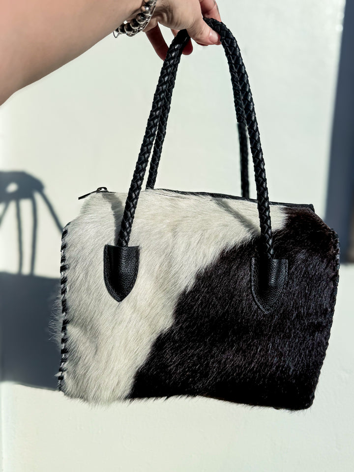 Soft & Strong™ Cowhide Satchel | Black & White Genuine Hair-On Hide Black Leather Handbag