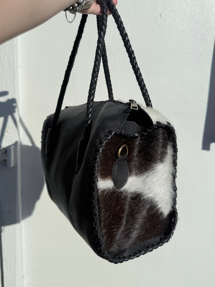 Soft & Strong™ Cowhide Satchel | Black & White Genuine Hair-On Hide Black Leather Handbag
