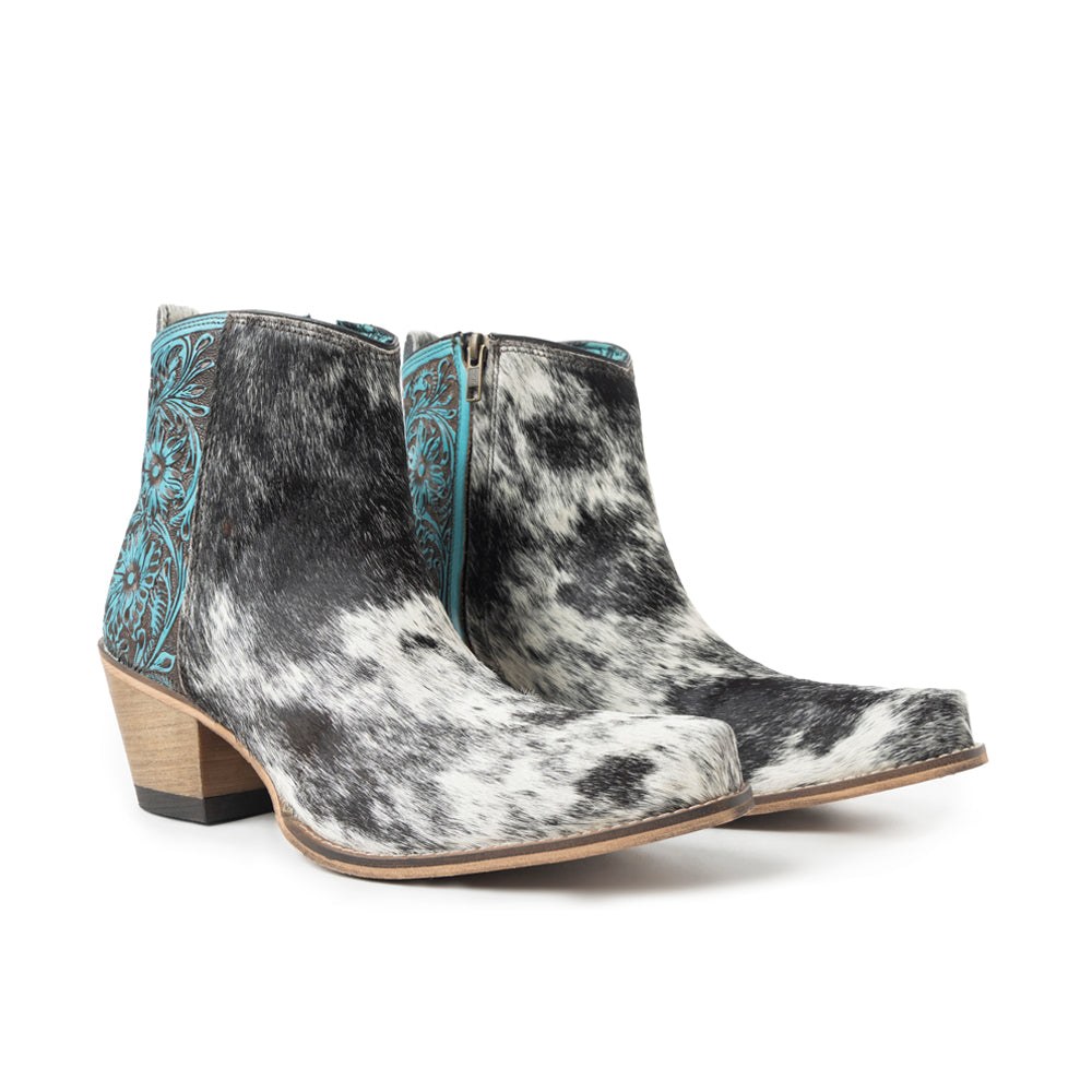 Myra Reyna Ridge Hairon Leather Booties – Teal Handtooled Detail, Square Toe, Country Cowgirl Style