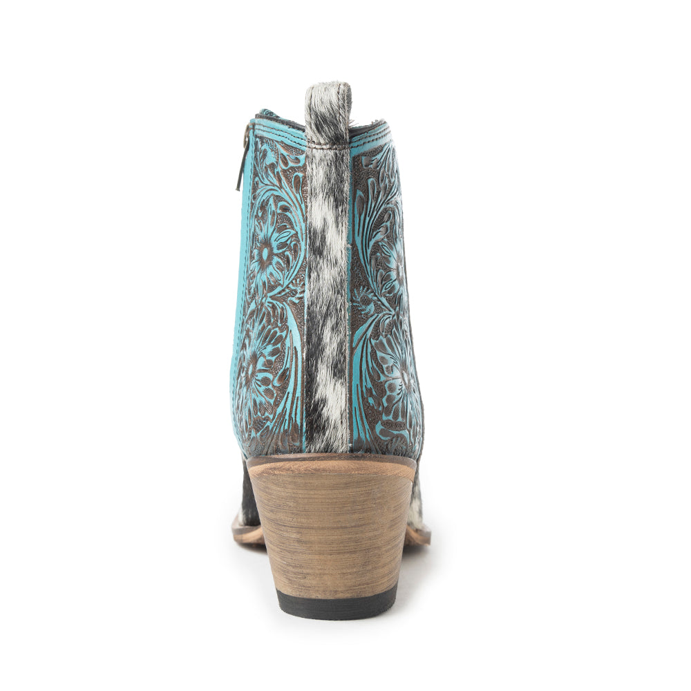 Myra Reyna Ridge Hairon Leather Booties – Teal Handtooled Detail, Square Toe, Country Cowgirl Style