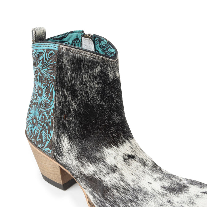 Myra Reyna Ridge Hairon Leather Booties – Teal Handtooled Detail, Square Toe, Country Cowgirl Style