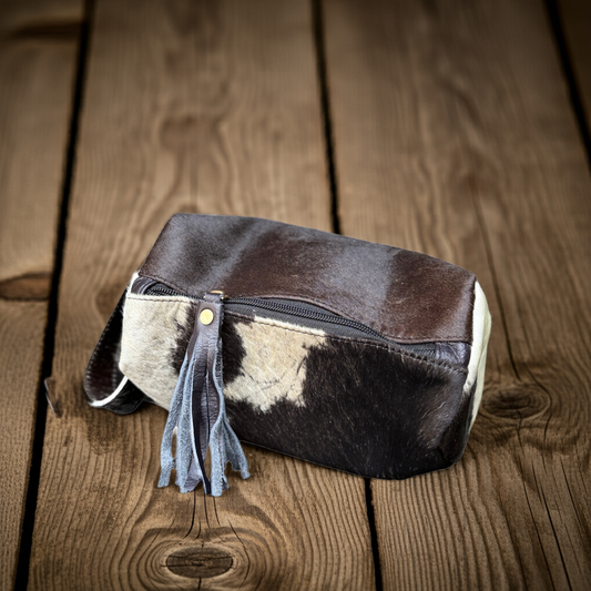Black Cowhide & Leather Travel Cosmetic Bag | Black Fringe