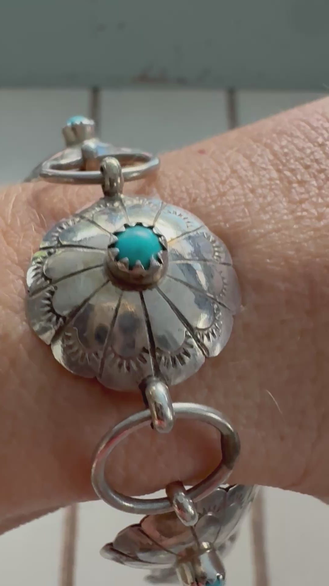 Estate Sterling Silver & Turquoise Concho Link Bracelet