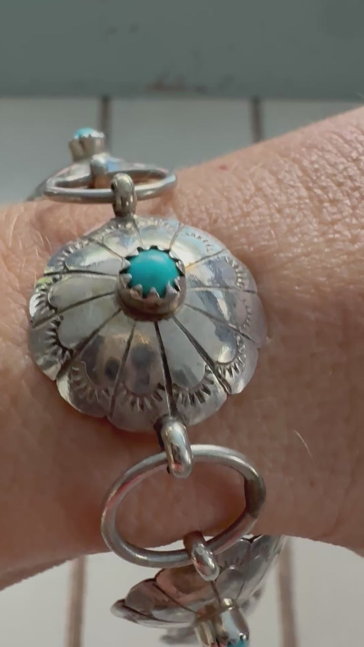 Estate Sterling Silver & Turquoise Concho Link Bracelet