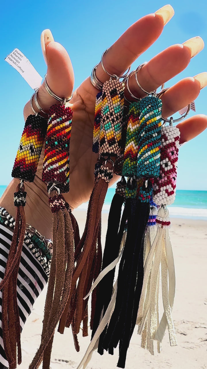 Handmade Navajo Beaded Keychain | Western Bag Charm w/ Leather Fringe