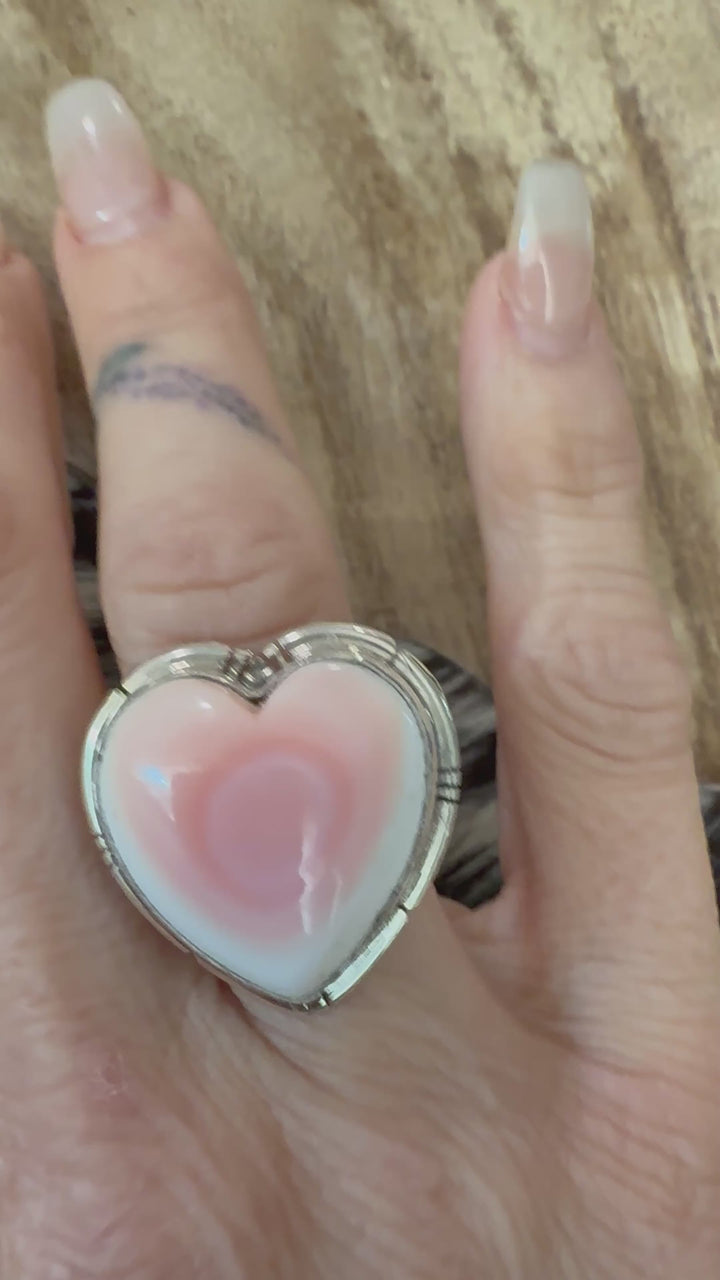 Samson Etsitty Pink Conch Heart Ring | Handmade Navajo Sterling Silver | Size 6.5
