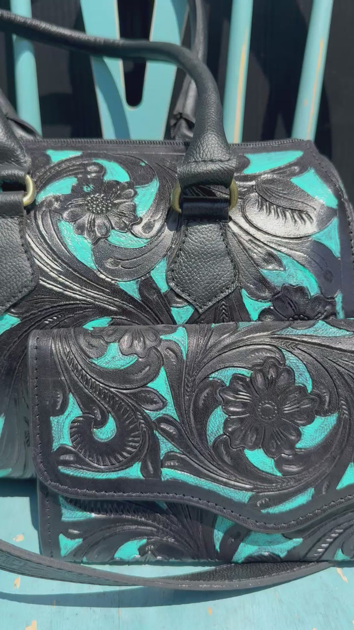 Black Ties & Blue Collars | Structured Tooled Leather Bag + Matching Clutch Set