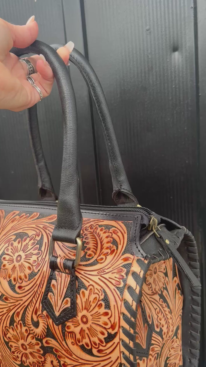 The Black Rock Heirloom Speedy Satchel | Tooled Leather Black and Tan Convertible Handbag