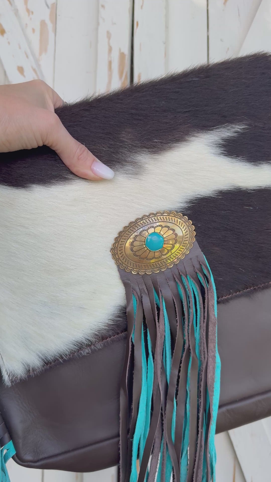 Turquoise Gold Cowhide Crossbody Bag | Genuine Leather Western Fringe Purse