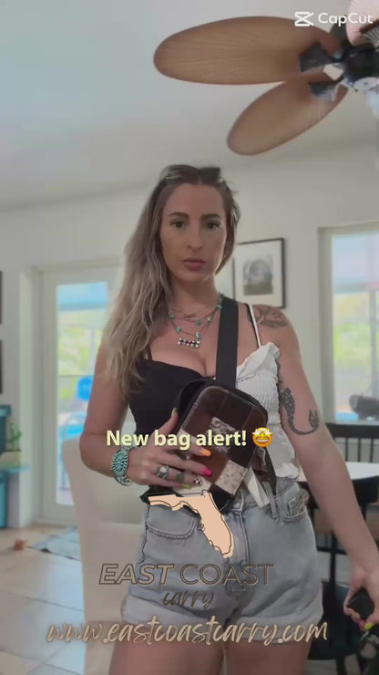 The ECC x Rockin’ A L Western Concealed Carry Chest Bag in Cowhide Check