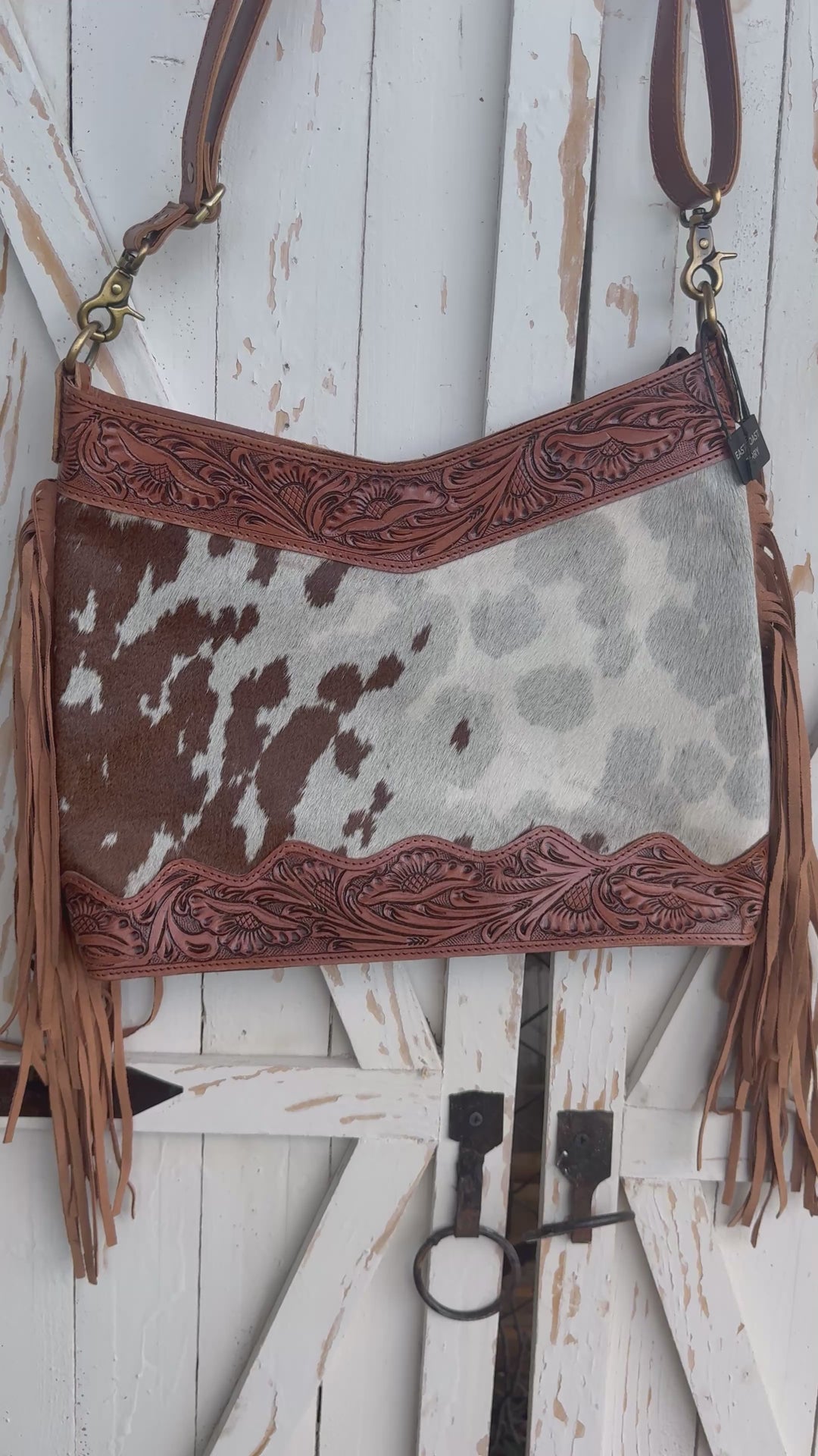 Fringe Cowhide Leather Crossbody – Hand Tooled Western Shoulder Bag – Hair-On Hide Purse