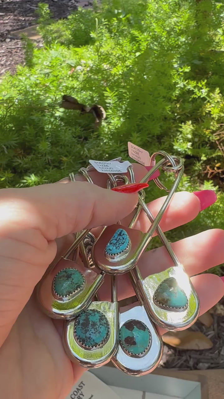 Dorothy Yazzie Kingman Turquoise Giant Safety Pin Keychain | Navajo Handmade