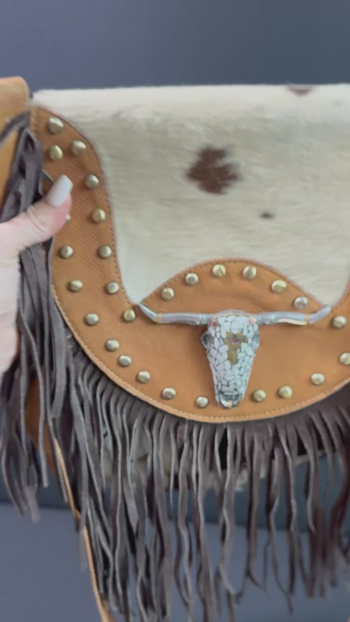 The Sundown Rider | Cowhide Fringe Crossbody with Bullhead Detail