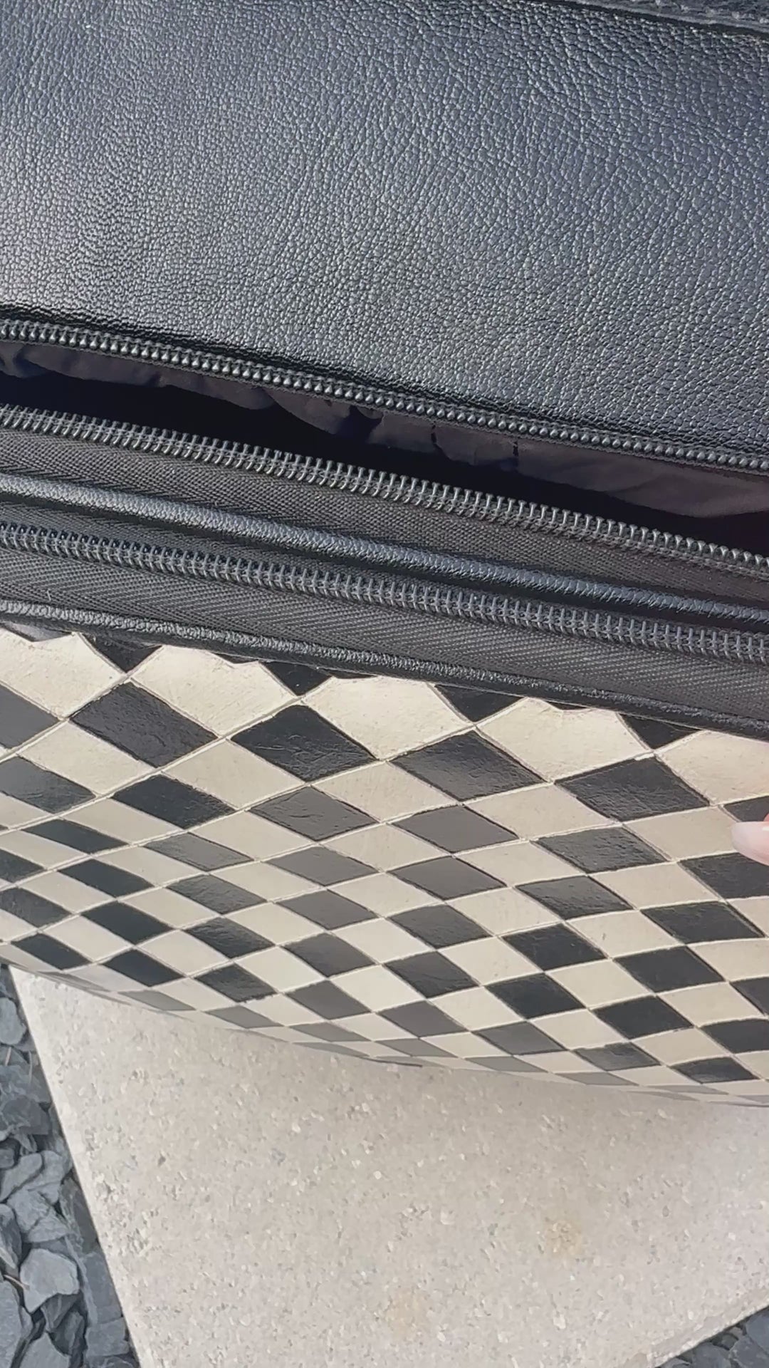 Black & White Diamond Check Leather Rolling Carry-On Suitcase | Small Travel Luggage