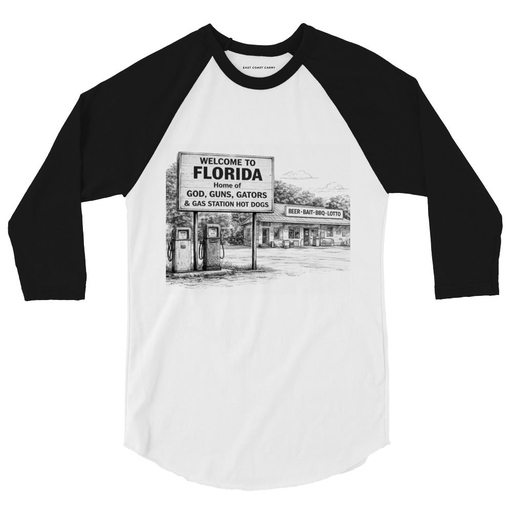 Gas Station Gospel raglan tee featuring a Florida gas station illustration with God Guns Gators and gas station hot dogs text