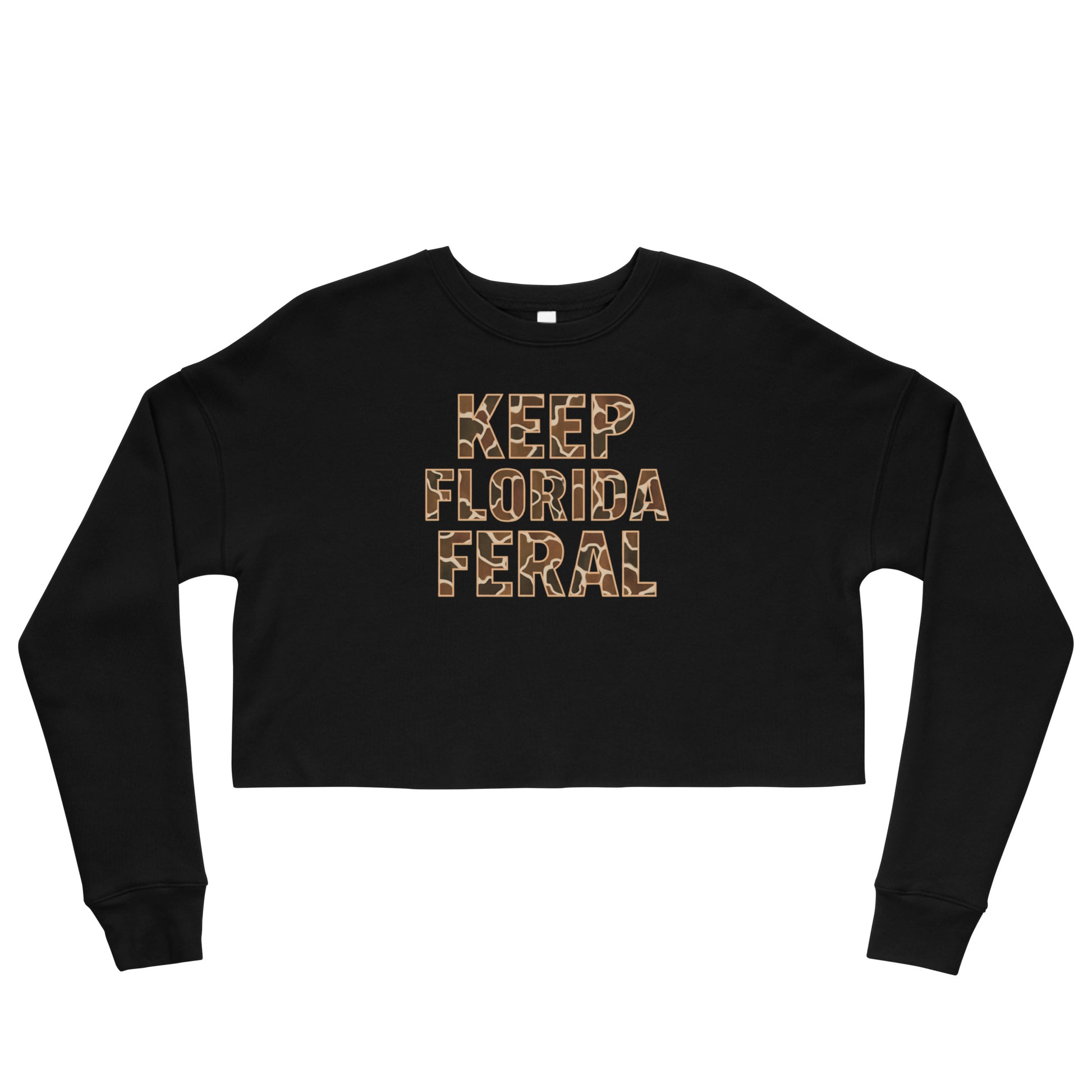 Keep Florida Feral Camo letters on black crop sweater 